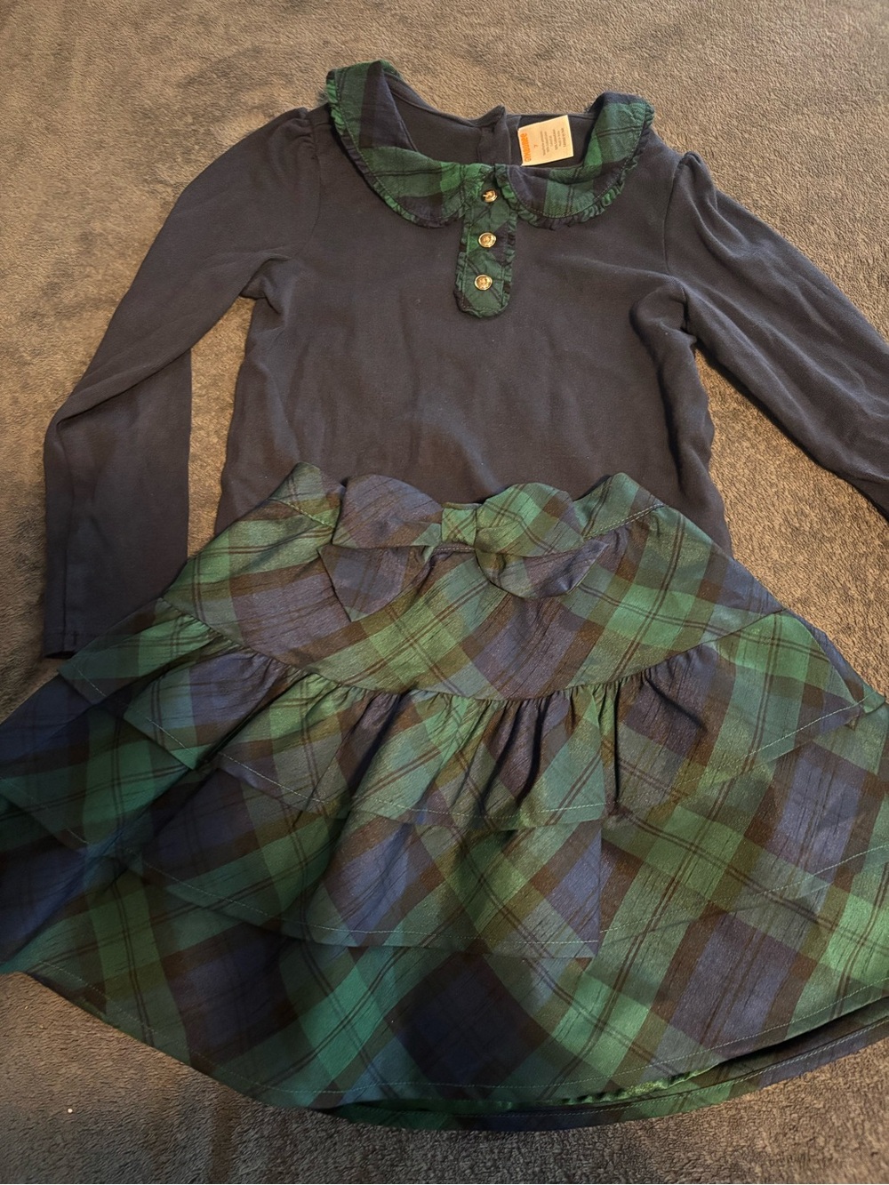 Gymboree Navy Top with Peter Pan Collar & Matching Green & Navy Plaid Skirt Set